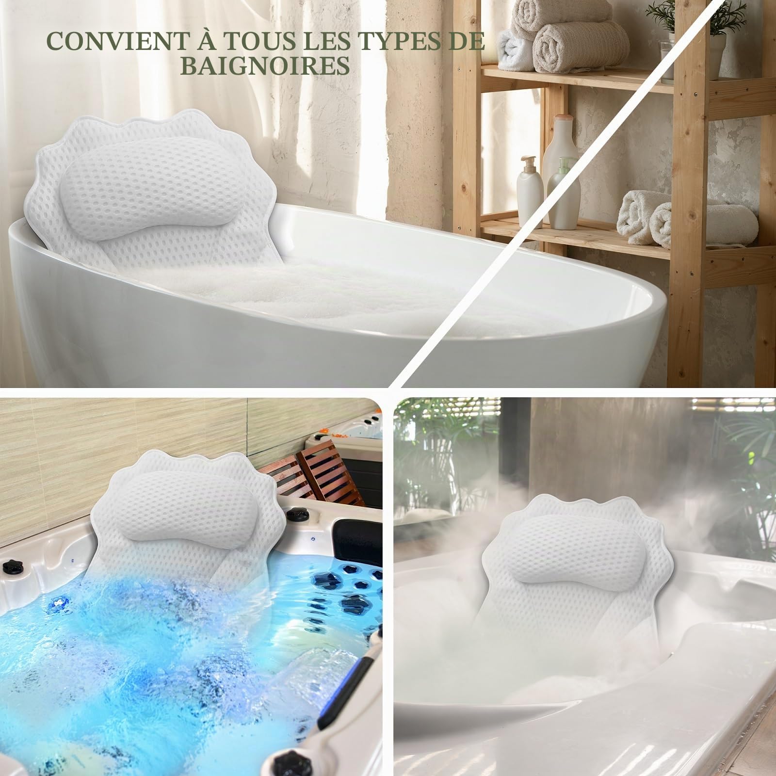Ruvince - Oreiller de Bain Ergonomique de Luxe avec Soutien de la tête, du Cou, des épaules et du Dos - 4D - pour Baignoire - avec 6 ventouses puissantes, s'adapte à Toutes Les baignoires, spas