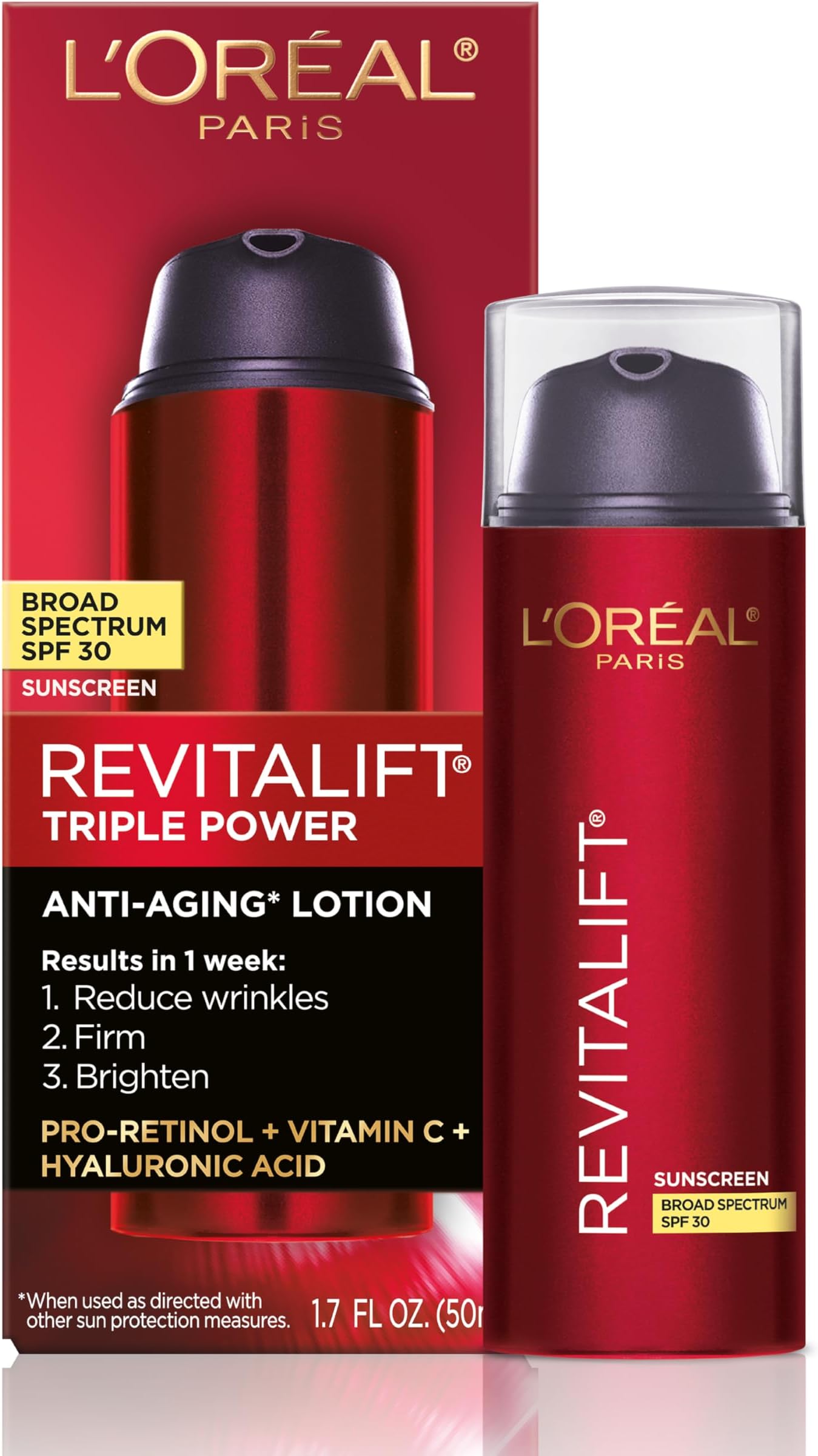 L'Oreal Paris Revitalift Triple Power Anti-Aging Broad Spectrum SPF 30 Sunscreen, Pro Retinol, Hyaluronic Acid & Vitamin C Lotion, Reduces Wrinkles 1.7 Oz