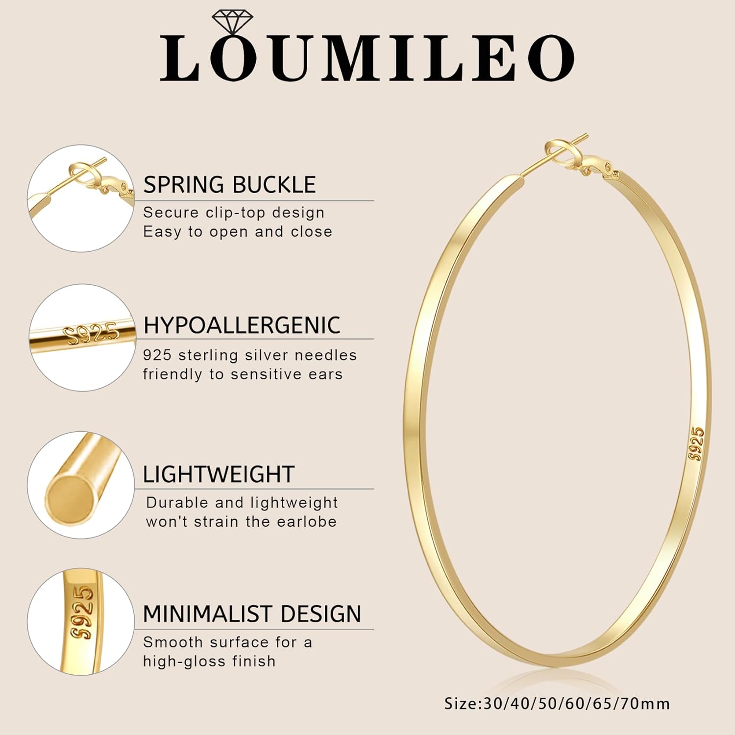 LOUMILEO Sterling Silver Hoop Earrings Large Silver Hoop Earrings for Women Lightweight Big Hoops Earring Hypoallergenic Thin Hoops Earring for Women 30/40/50/60/65/70MM - Image 4