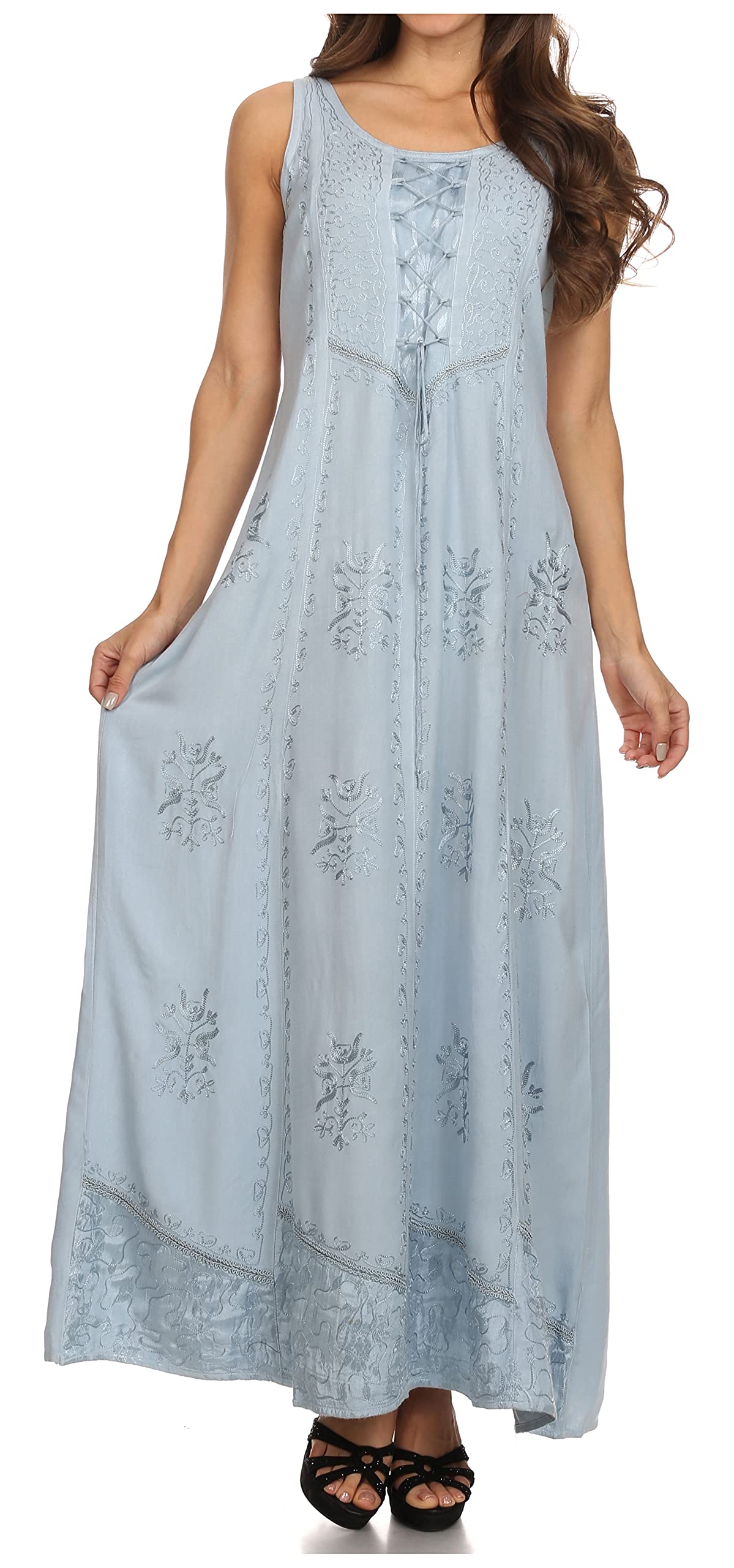 Sakkas Stella Long Tank Top Adjustable Caftan Corset Dress with Embroidery
