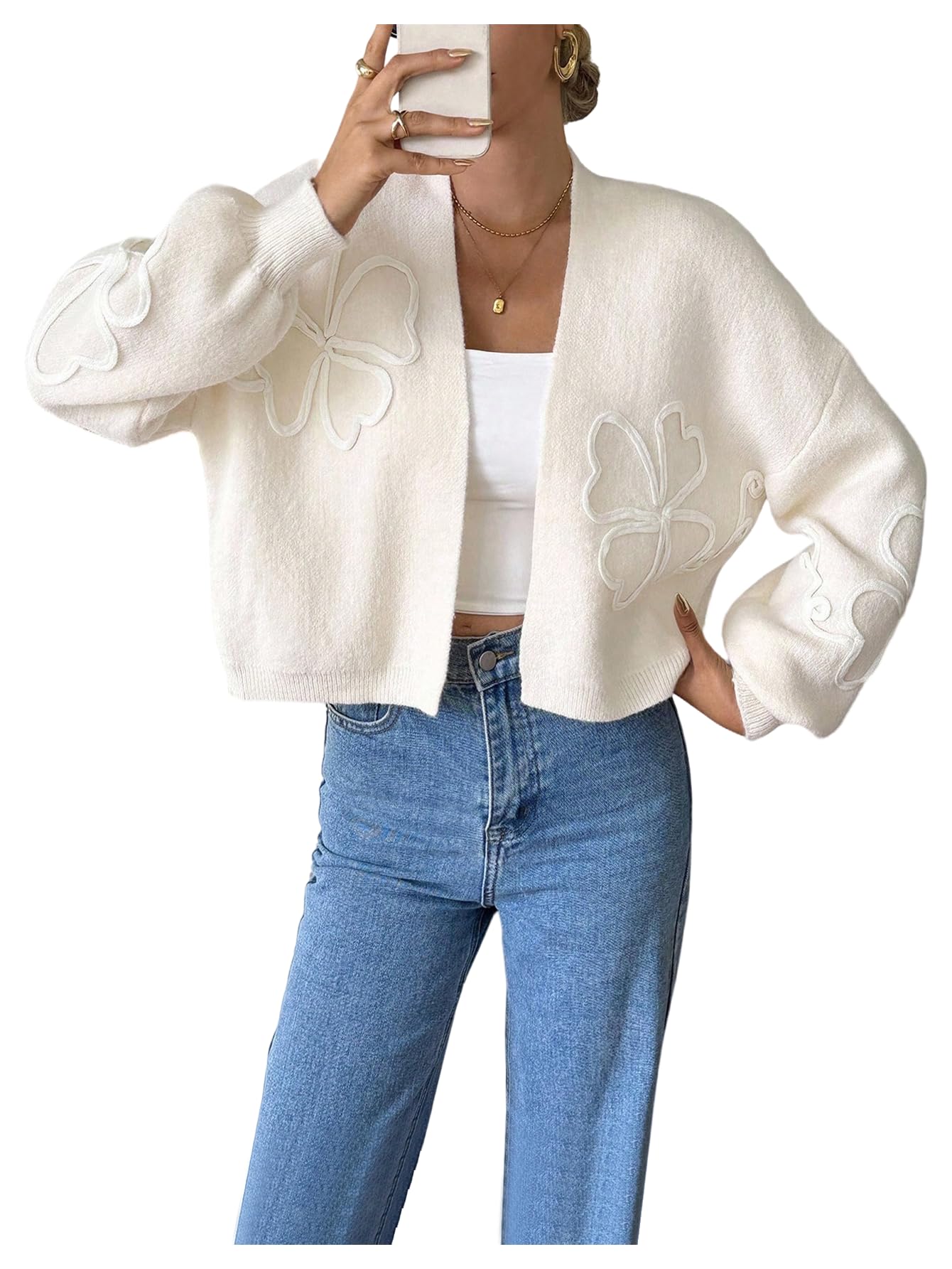 SHENHE Womens Flower Knit Cropped Cardigan Bolero Open Front Dressy Casual Sweater Outerwear