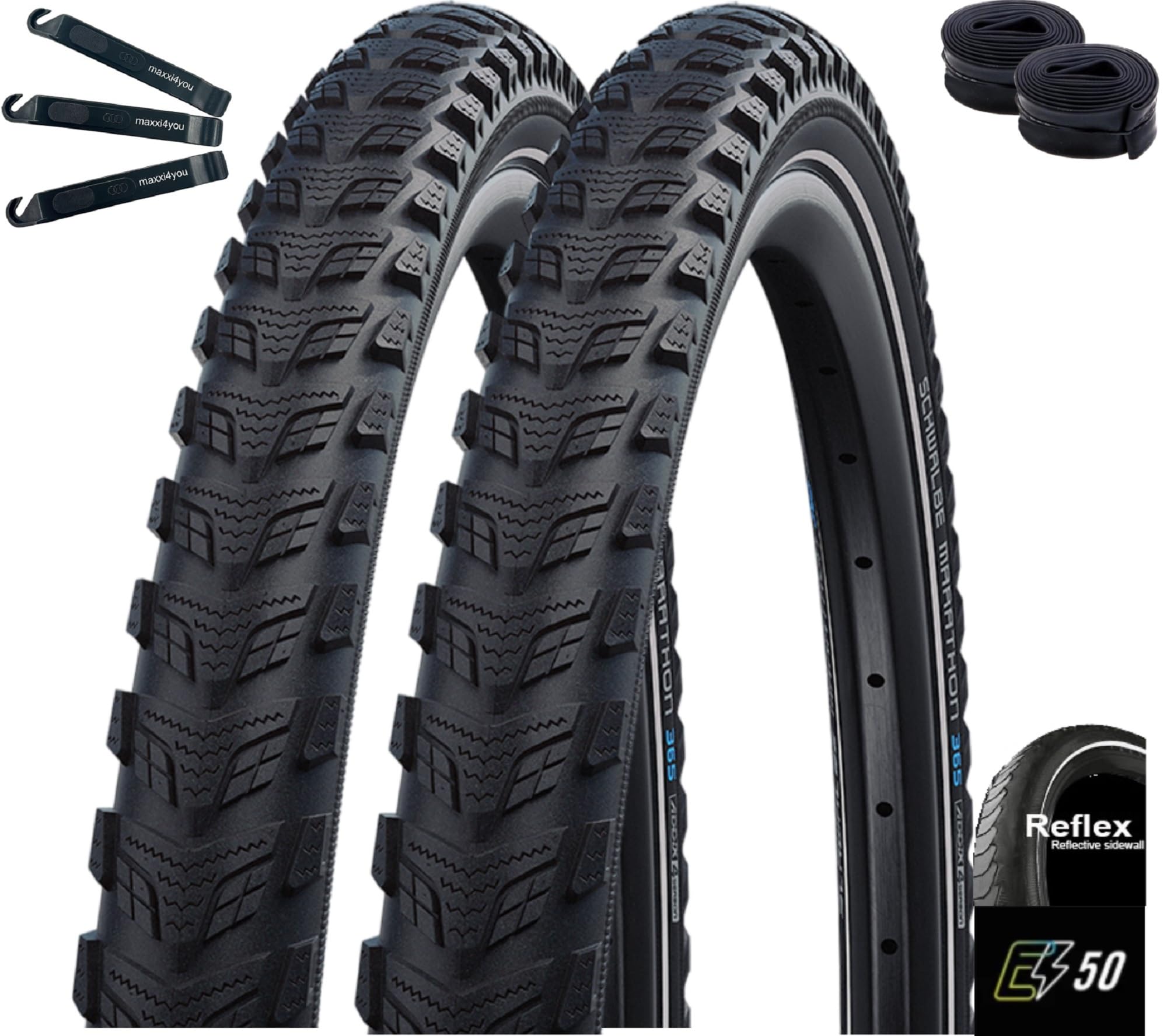 2 x Schwalbe Marathon 365 GreenGuard E-50 Fahrradreifen Schwarz mit Reflex 40-622 (28 x 1,50) + 2 x Schwalbe Schläuche SV17 inkl. maxxi4you Reifenheber