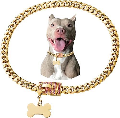 Collar con colgante personalizado de acero inoxidable dorado con eslabones cubanos para perros pequeños y medianos, collar de perro Bulldog francés