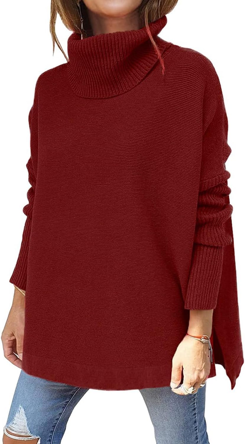 yoeasy Women's Turtleneck Oversized Long Batwing Sleeve Pullover Sweater Spilt Hem Knit Sweater