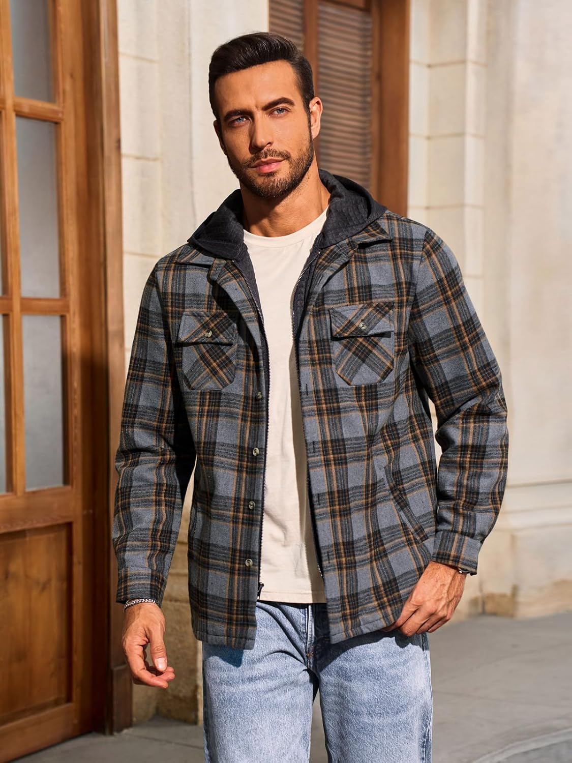 Yousify Mens Sherpa Flannel Shirt Jacket Fleece Lined Hooded Jacket Long Sleeve Button and Zipper Plaid Winter Coat - Image 3