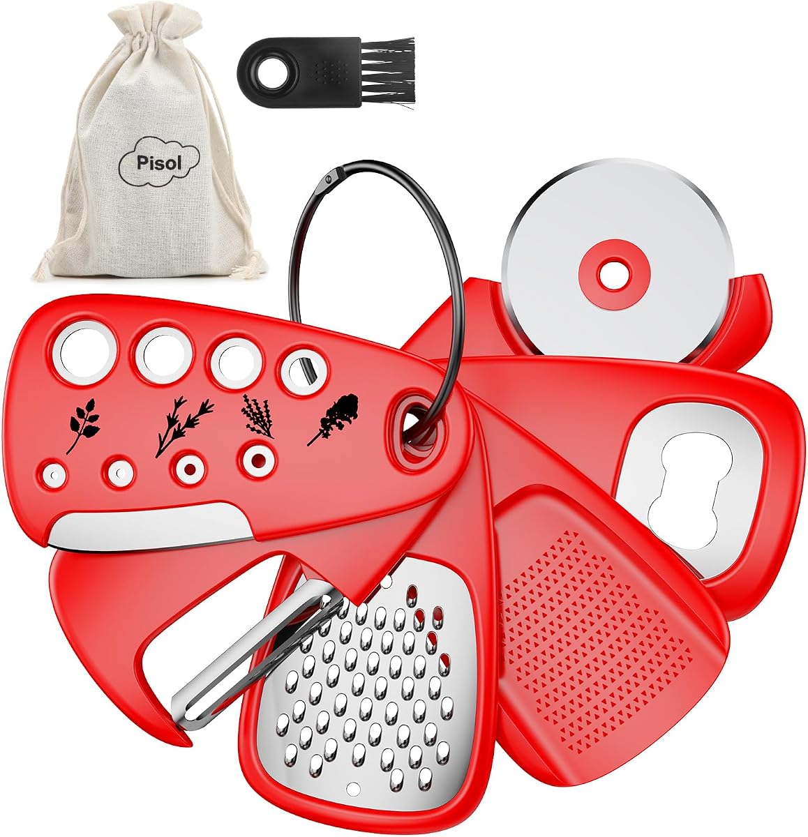 Pisol Kitchen Unique Gadgets Set de 6 piezas, ahorro de espacio, rallador de queso, abridor de botellas, pelador de frutas y verduras, cortador de pizza, molinillo de ajo y jengibre, juego de regalo para pelar hierbas