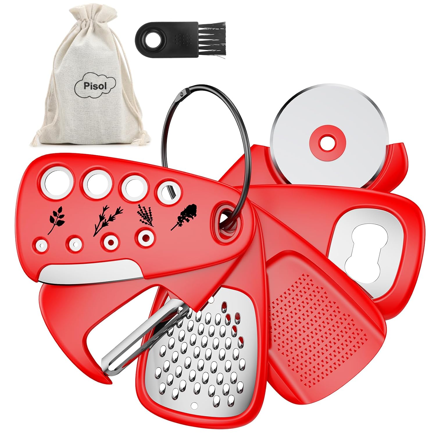 Pisol Kitchen Unique Gadgets Set 6 Pieces Space Saving Cheese Grater Bottle Opener Fruit Vegetable Peeler Pizza Cutter