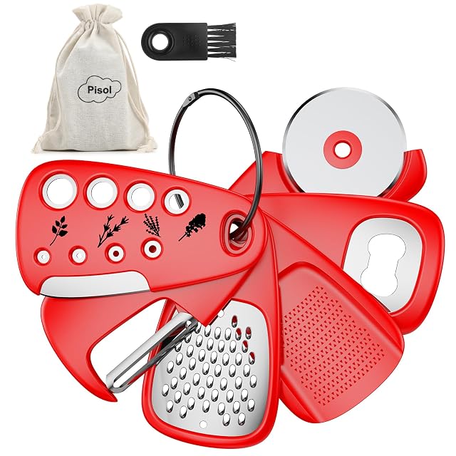 Pisol Kitchen Unique Gadgets Set 6 Pieces Space Saving Cheese Grater Bottle Opener Fruit Vegetable Peeler Pizza Cutter