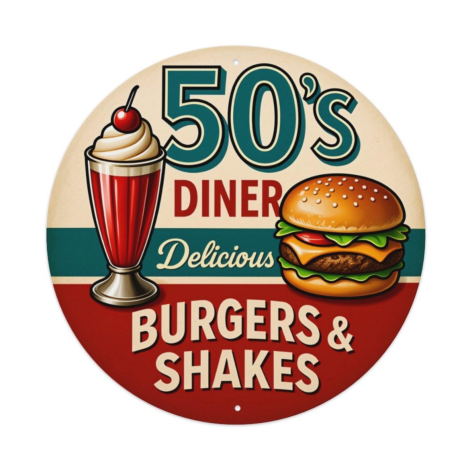 Retro Diner Burger Shake Sign Round Tin Sign Retro Metal Sign for Cafe Bar Pub Home Game Room Gym Club Wall Decoration Vintage Metal Poster 8x8 Inch