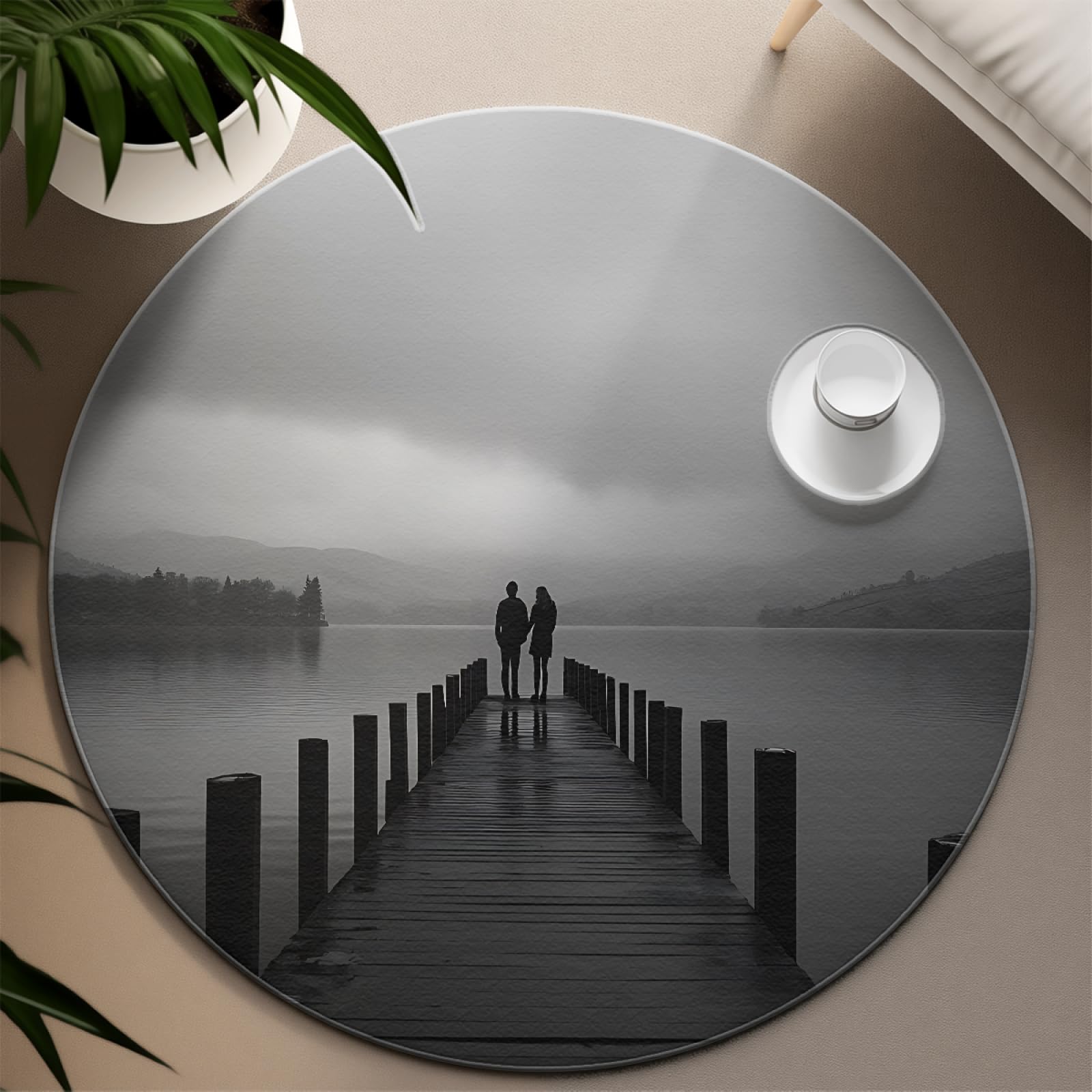 Paar Silhouette Runder Teppich 180cm - Schwarz Weiß Brücke Szene Kreis Matte rutschfest Waschbar Weich für Schlafzimmer Balkon Wohnkultur Studio Schlafsaal
