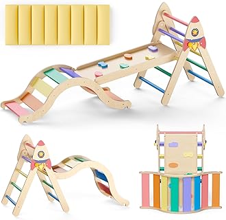 Pikler Triangle Set with Cushion, 9-in-1 Kids Climbing Toys for Toddlers 1-3 Inside, Montessori Toddler Climbing Toys Indoor, Large Wooden Pikler Triangle Climbing Set Baby Playground for Children