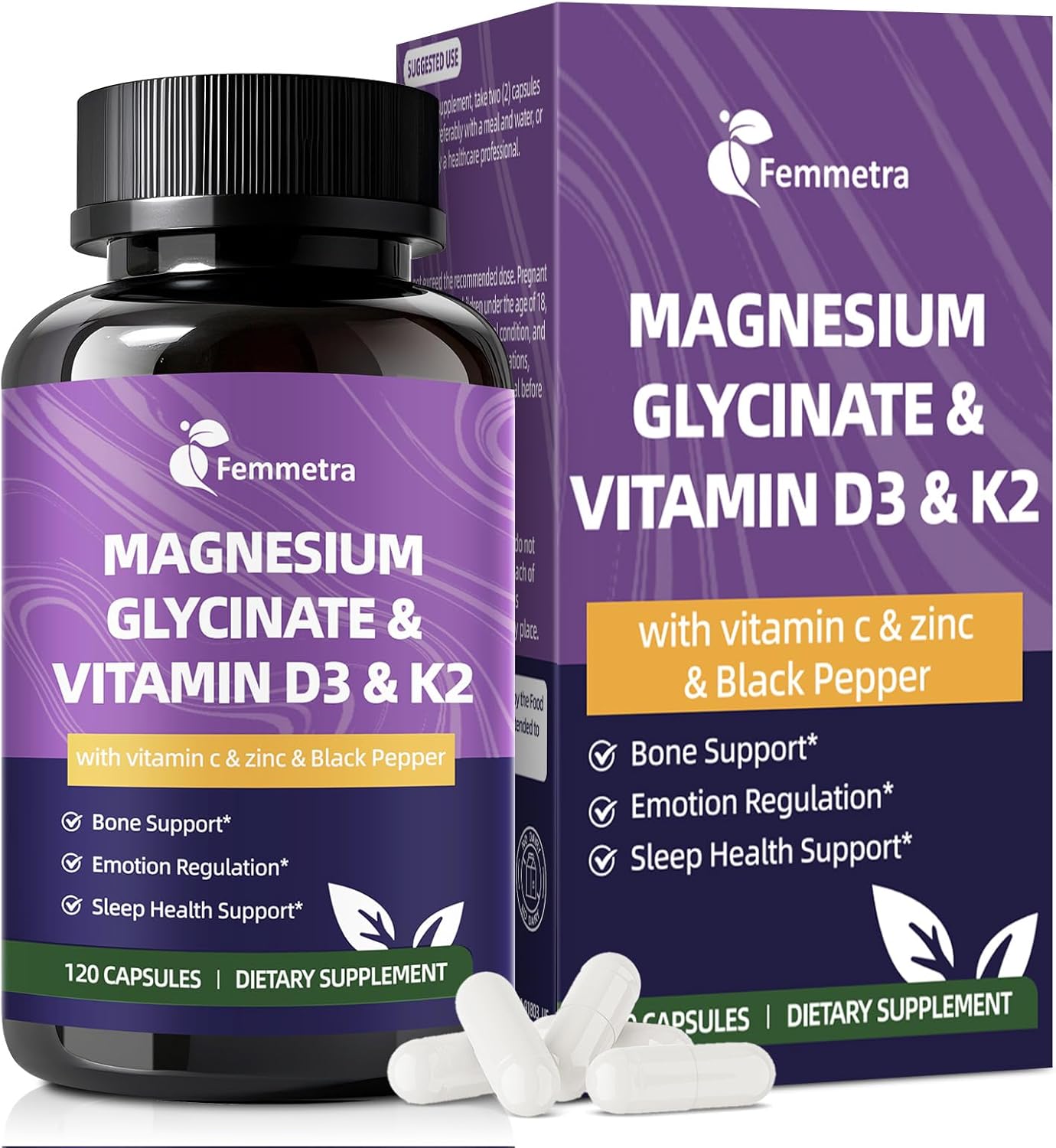 Magnesium Glycinate 600mg Vitamin D3 K2 Supplement with Vitamin C, Zinc, & Aloe Vera - Bone Support, Energy & Mood Manage & Sleep Health for Men & Women, Non-GMO, Vegan, 120 Capsules