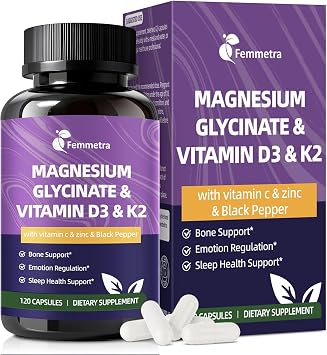 Magnesium Glycinate 600mg Vitamin D3 K2 Supplement with Vitamin C, Zinc, Aloe Vera - Bone Support, Energy & Mood Manage & Sleep Health for Men & Women, Non-GMO, Vegan, 120 Capsules