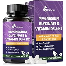 Magnesium Glycinate 600mg Vitamin D3 K2 Supplement with Vitamin C, Zinc, Aloe Vera - Bone Support, Energy & Mood Manage & Sleep Health for Men & Women, Non-GMO, Vegan, 120 Capsules