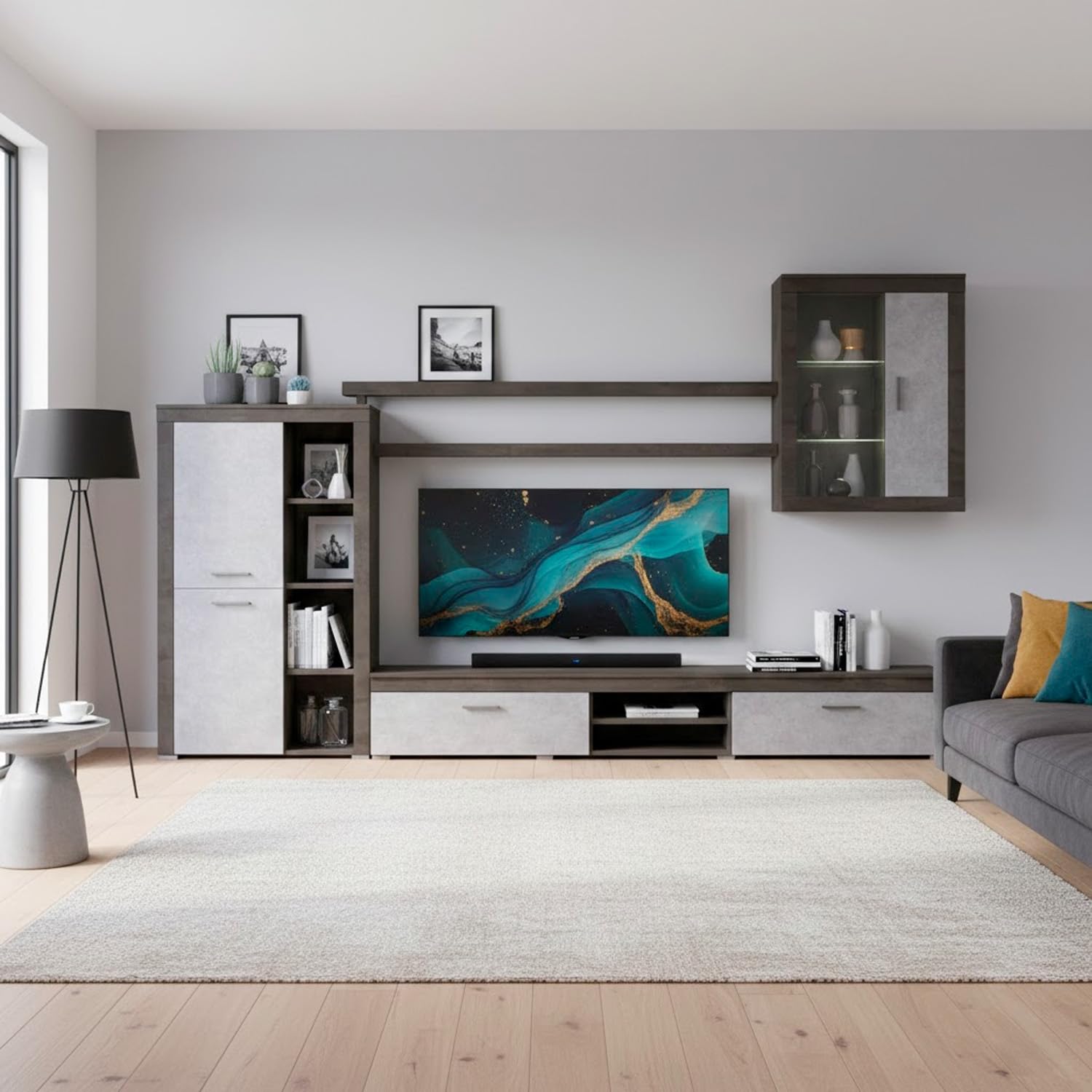 Arreditaly Parete Attrezzata Da Soggiorno Salotto Moderna Con Ante Mensole Vani A Giorno Vetrinetta Mobile TV Design Moderno Moduli Sospesi 293 x 193 x 50 Cm (Ossido e Grigio Cemento)