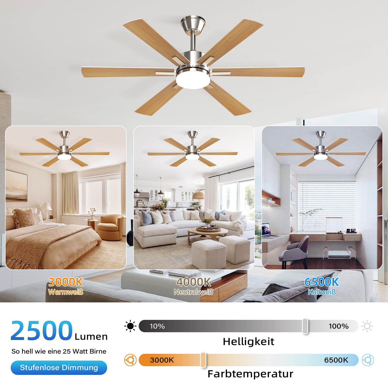EppieBasic Ventilateur Plafond avec Lumiere Salon: 132 cm Ventilateur Plafond Moteur DC Silencieux avec Télécommande/Appli – 6 Vitesses, Design Moderne, 6 Pales Aspect Bois pour Chambre