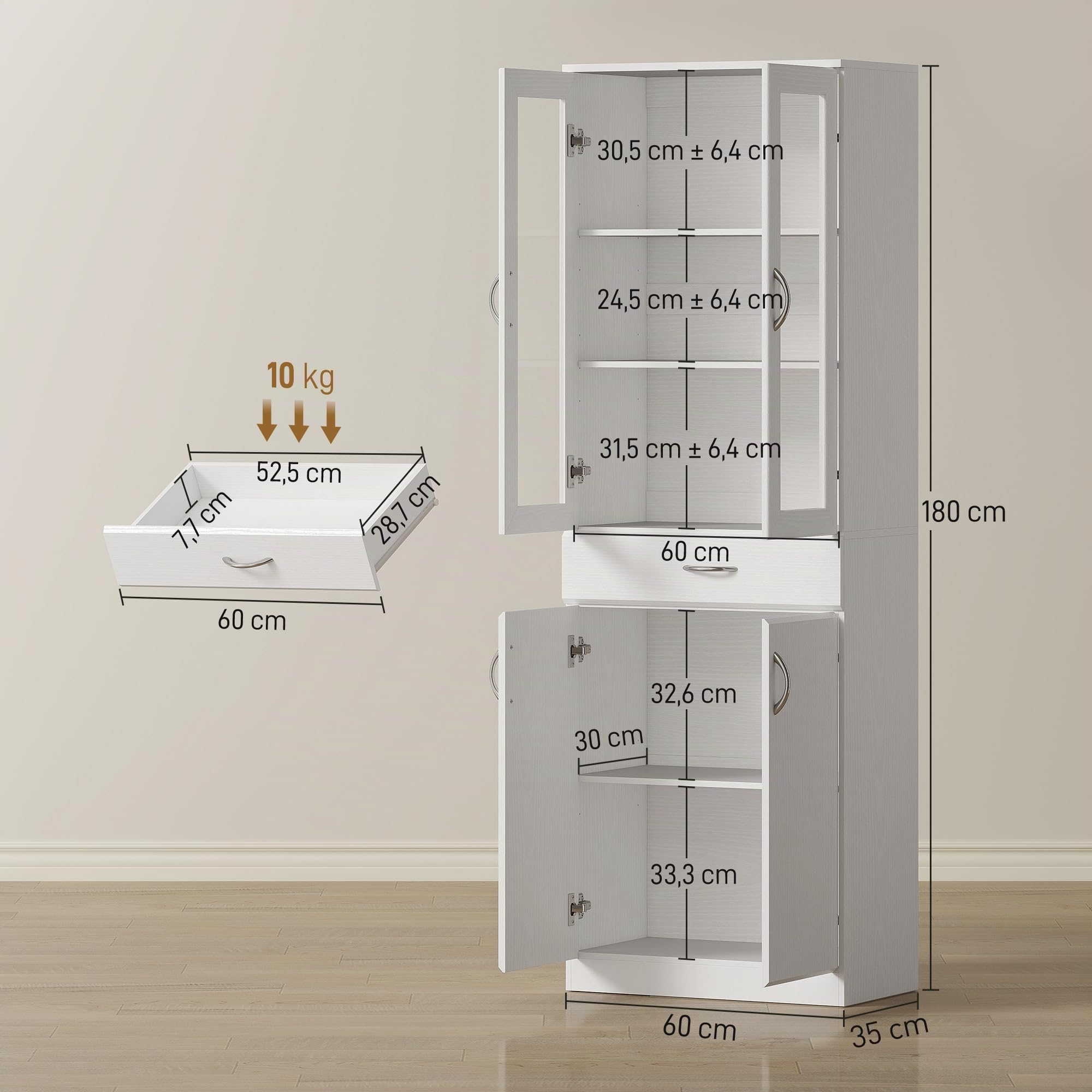 HOMCOM Küchenschrank mit Verstellbarem Regal 60 x 35 x 180 cm Weiß | Buffetschrank, Schublade, 2 Schrank, Hochschrank mit Glastür, Soft-Close-Funktion, für Küche Esszimmer Wohnzimmer
