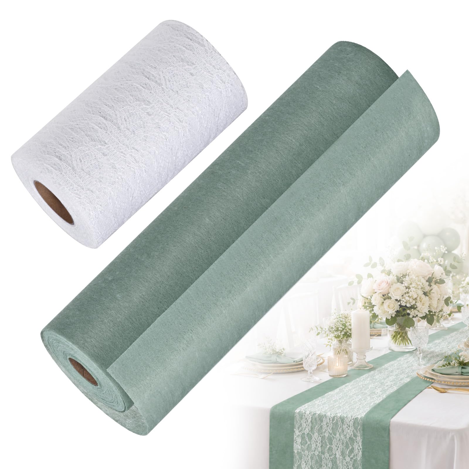 Chemin de table en non-tissé vert eucalyptus et dentelle blanche pour nappe