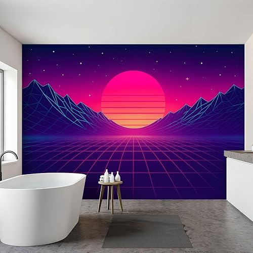 Miniatura 6 de Mural de pared Peel & Stick Synthwave de los años 80, paisaje con cuadrícula azul, montañas, sol, arcade, espacio, papel tapiz autoadhesivo