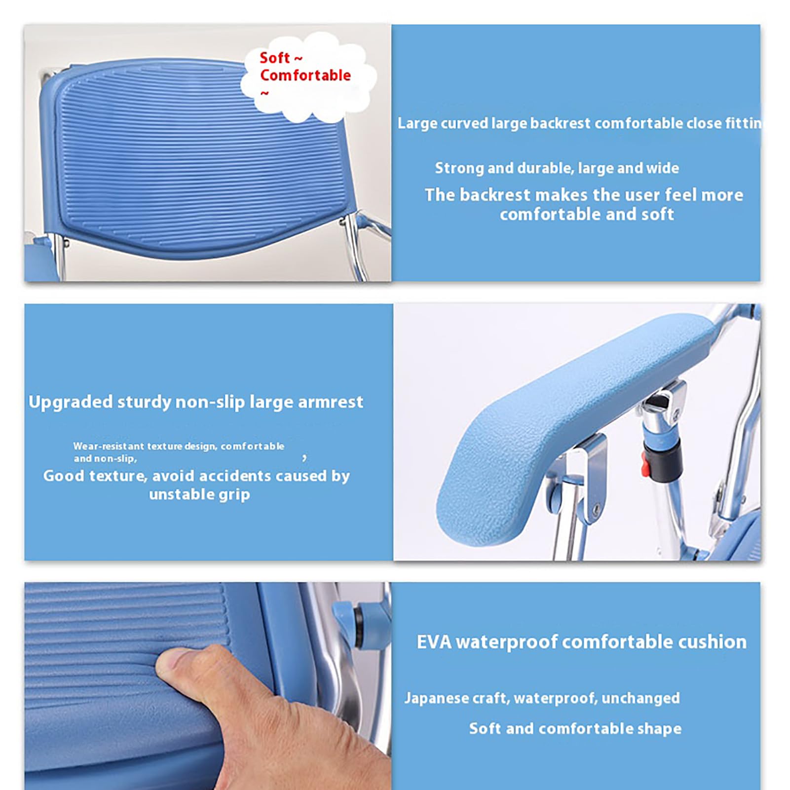 Sedia a rotelle per doccia e toilette per anziani disabili, sedile imbottito, freni di bloccaggio, vaso rimovibile, 150 kg