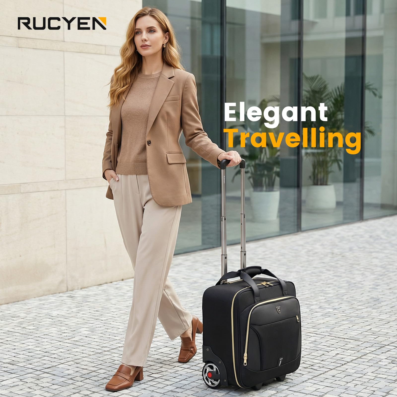 RUCYEN Maletín con ruedas para laptop, maletín con ruedas para hombres y mujeres, maletín para laptop con ruedas, bolsa de transporte para viajes de negocios, Cremallera negra y dorada, 17.3 inch