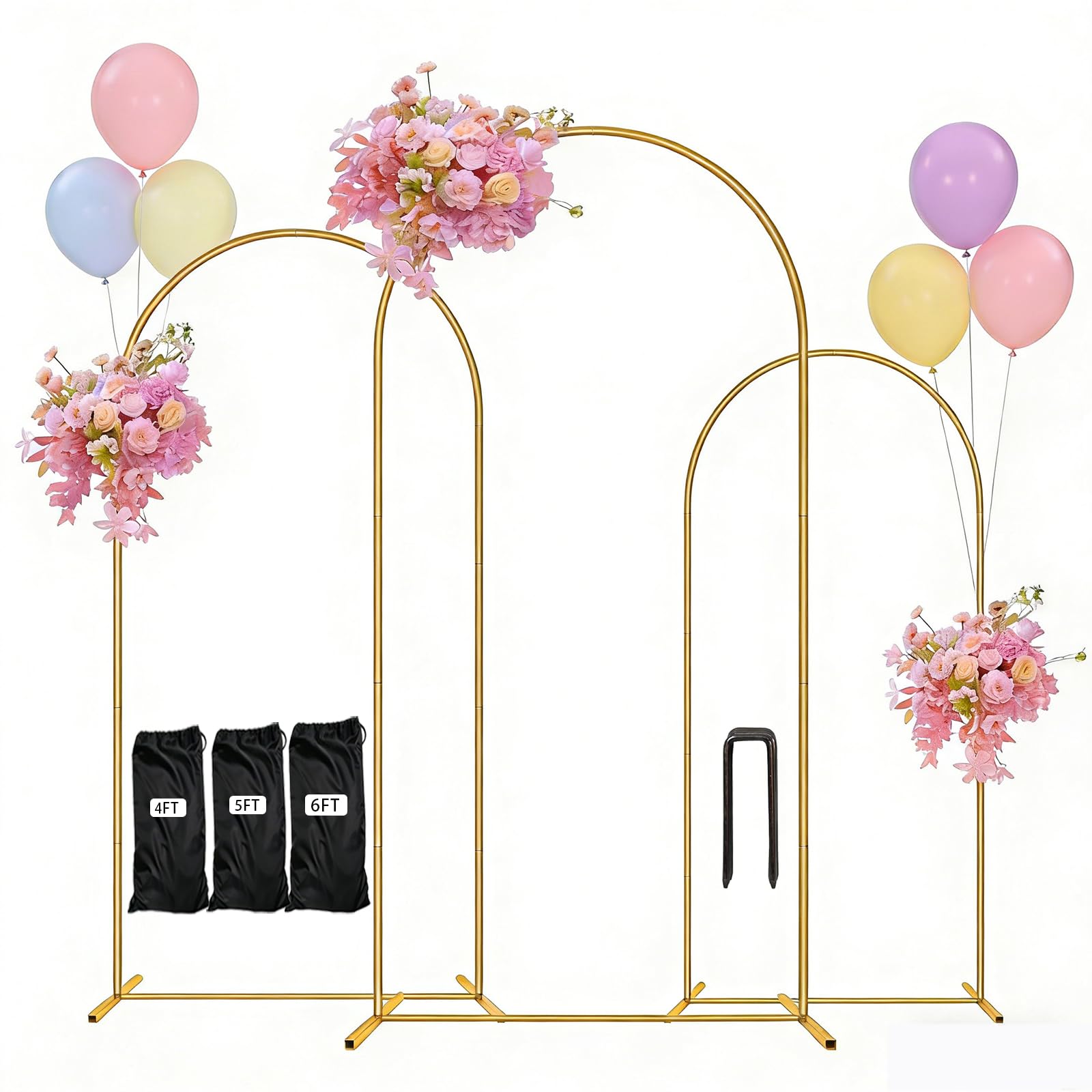 Photo 1 of **MISSING PARTS***Balloon Arch Stand,Arch Backdrop Stand,Birthday Decorations,Party Decorations,4FT+5FT+6FT,Three Storage Bags,Golden,Metal (4FT+5FT+6FT)