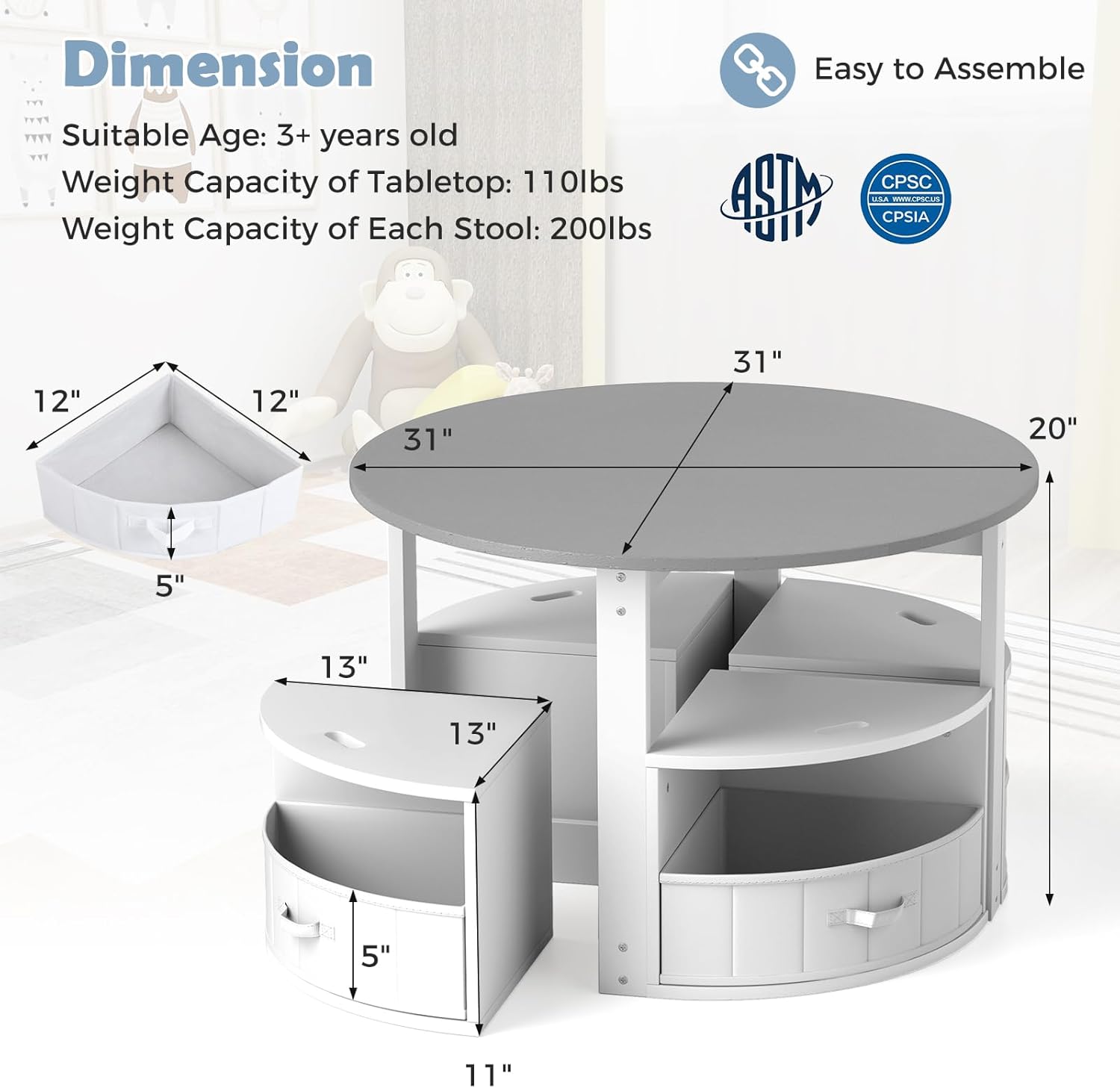 Costzon Kids Table and Chairs, 5 Pieces Wooden Round Children Nesting Desk with 4 Storage Stools & 4 Fabric Drawers for Activity, Play, Art, Read, Craft, Eat, Toddler Table and Chair Set (Gray)