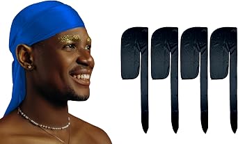 1 Pack Blue Silky Satin Durag Bundle 4 Pack Black Silk Durag