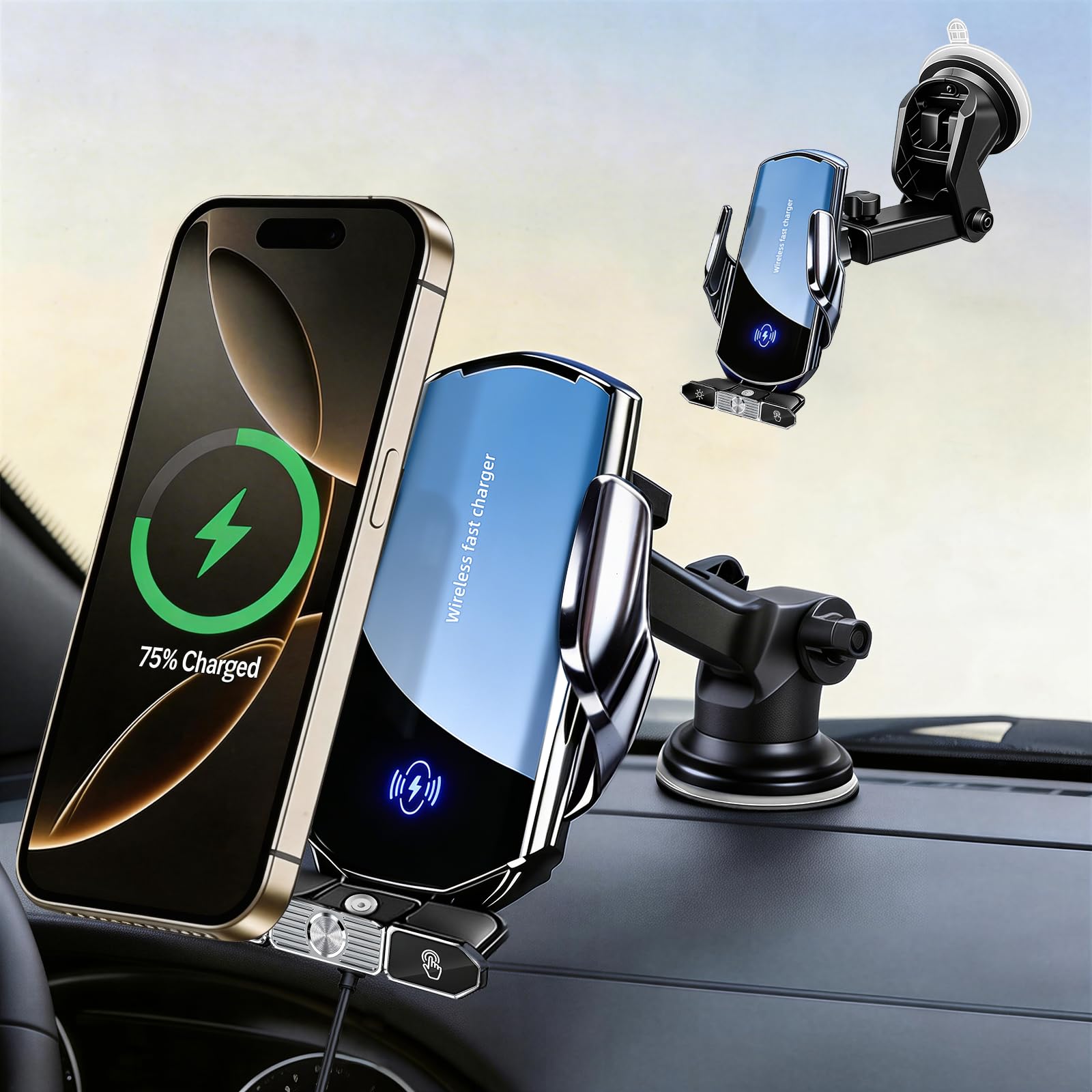 Car Phone Holder,Car Mount Charger,15W Wireless Charging &amp; 10W Magnetic Charging(3 Connectors),Auto-Clamping Hands Free,Suction Cup Mount for Windshield,Mirror &amp; Screen,Car Accessories &amp; Gift
