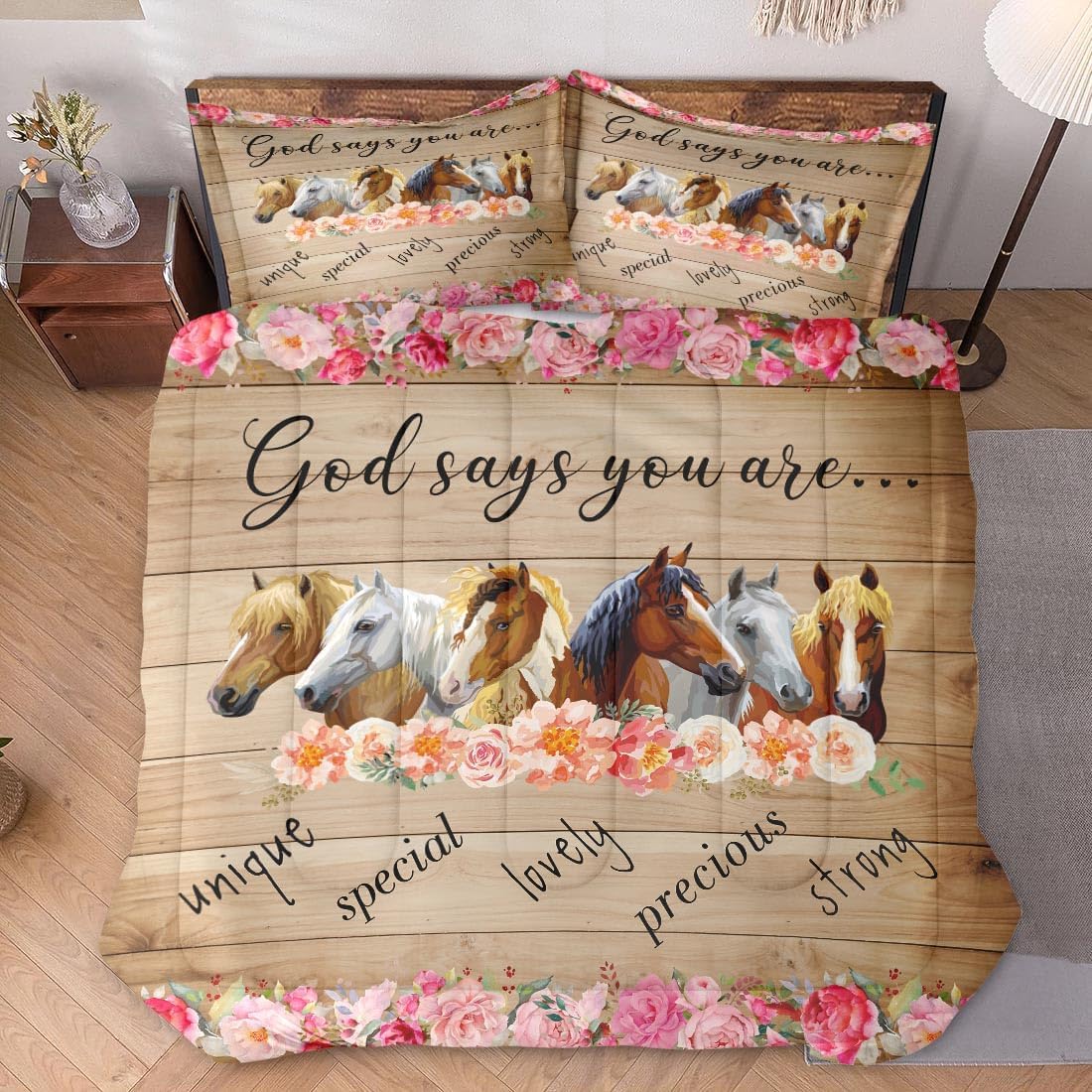 Queen Size Comforter Set with 2 Pillowcases, Colorful Horses Animal Pink Flower 3 Pcs Bedding for Kids and Adults, Inspirational Thoughts Soft Comforter Set for Bedroom Bed Decor - Image 2