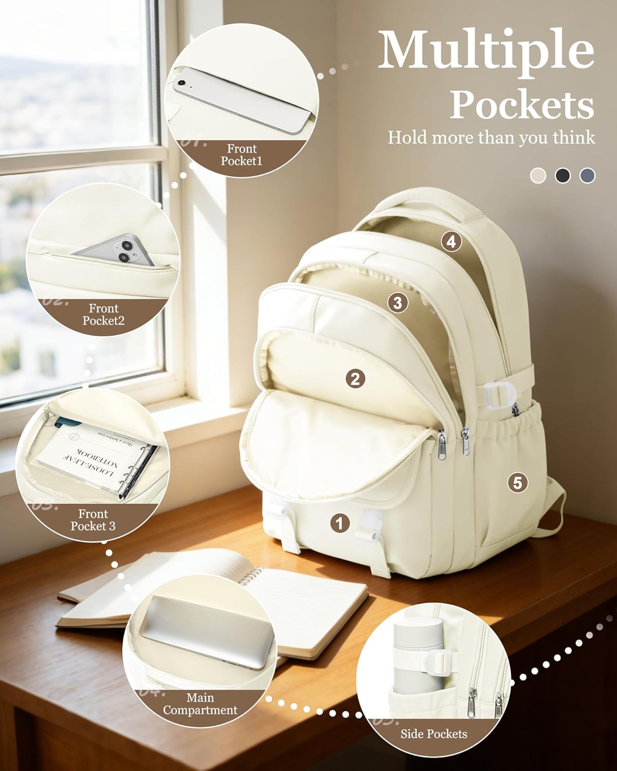 Waterproof Aesthetic Backpack For School, Cute High School Bookbag For Teen Girls Boys, Lightweight Casual Daypack Backpack For Women Men, College Backpack With Lots Of Pockets（Beige）