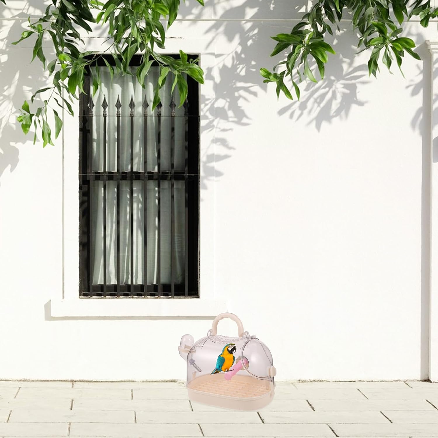 Portable Parakeet Travel Cage with Standing Perch and Food Container, Cream White Small Bird Carrier for Parrots, Cockatiels, Lovebirds, and Small Parakeets