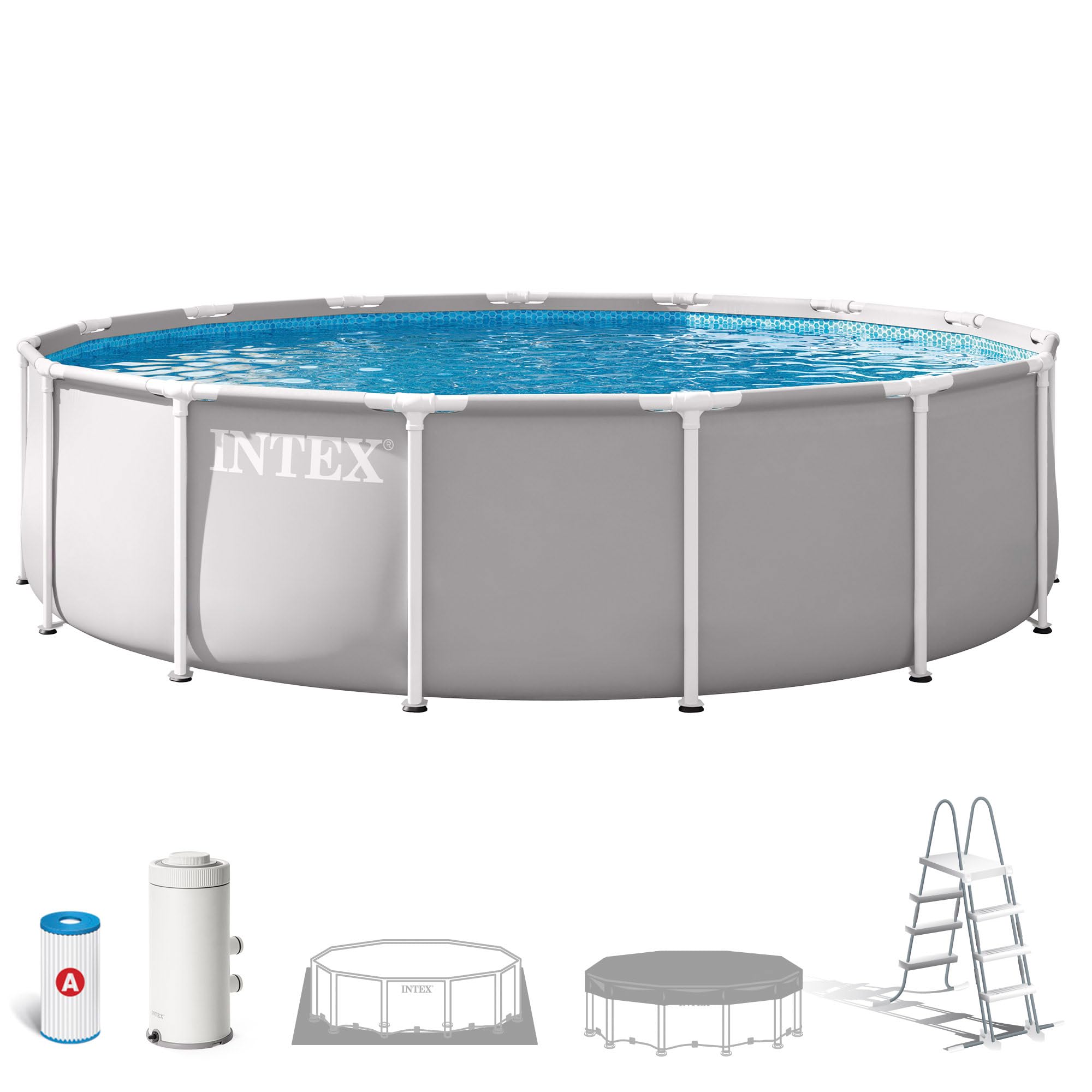 Intex - Piscina Desmontable, Gris, D457x107 cm, Capacidad para 14.614 litros, Escalera, Tapiz, Cobertor, Estructura metálica, Montaje 45 Minutos, Conexiones Ø32 mm (56084)