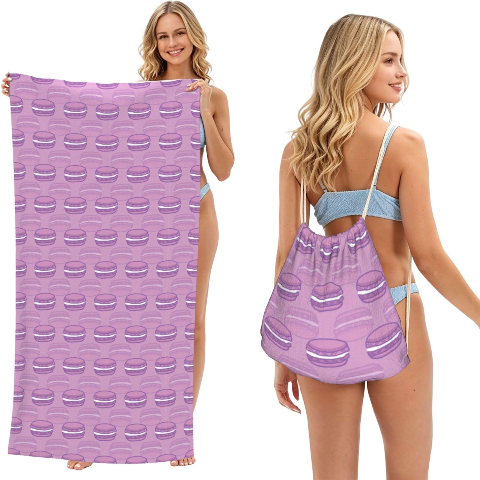 Noble Ren Cute Colorful Macaron Purple 2 In 1 Packable Towel Bag Beach Backpack Unisex Suitable For Travel Picnic Vacation And Camping