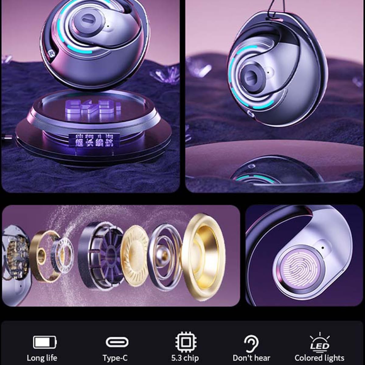 Open-Ear Wireless Earbuds with Earhook Bluetooth 5.3 Headphones with Mic, 24Hrs Playback Sport Ear Buds,Ultra-Comfort,Lightweight Design,Fast Charging,Compatible with iPhone & Android,Black