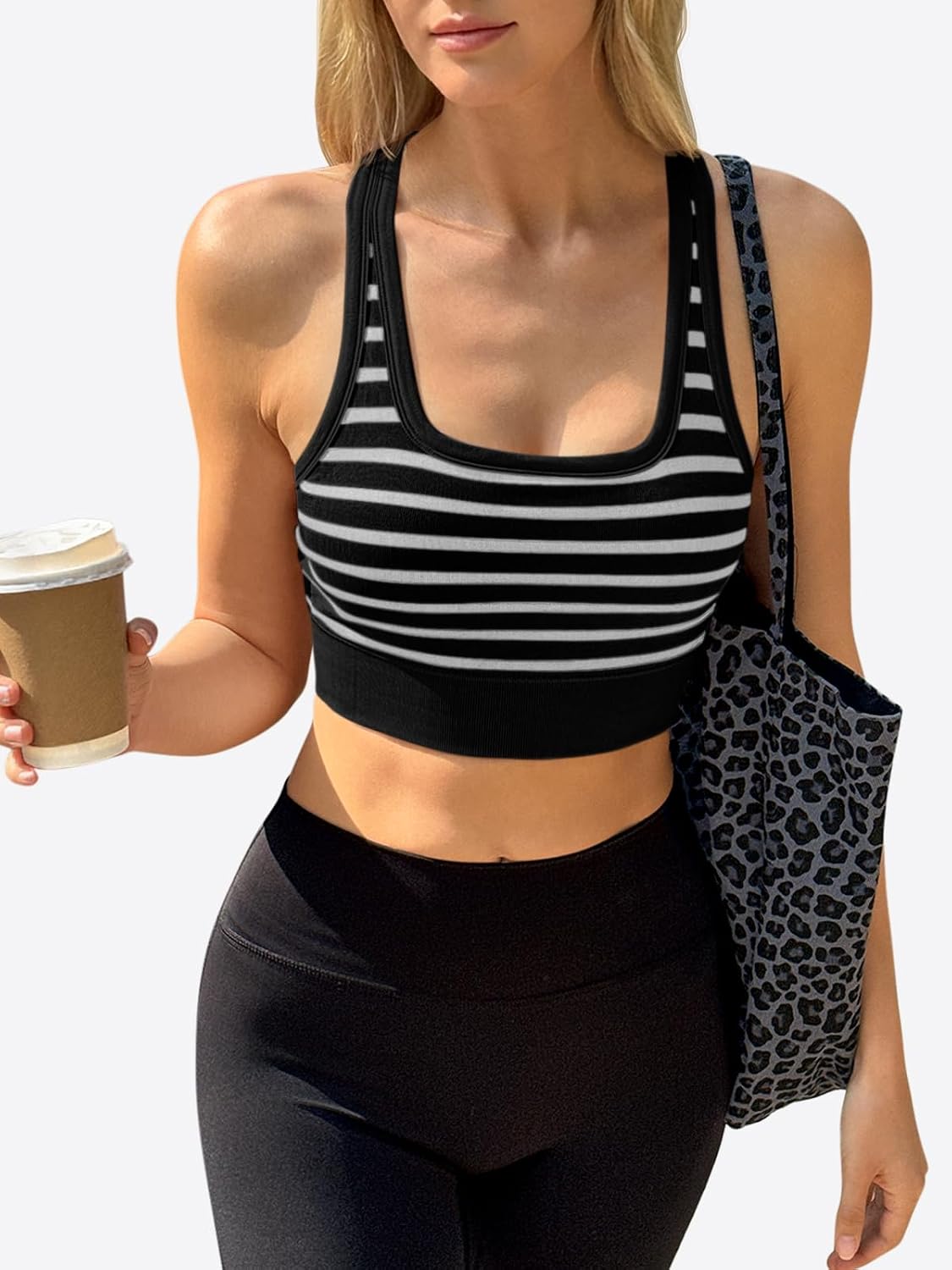 Aoysky Womens Striped Racerback Sports Bras Padded Scoop Neck Yoga Crop Top