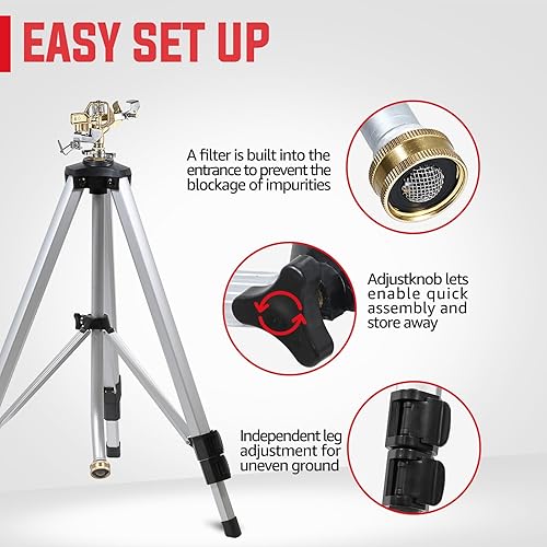 Miniatura 6 de YAMATIC Aspersor de impacto en base de trípode ajustable, área grande de 360 grados, rociador pulsador ajustable resistente para riego de césped,