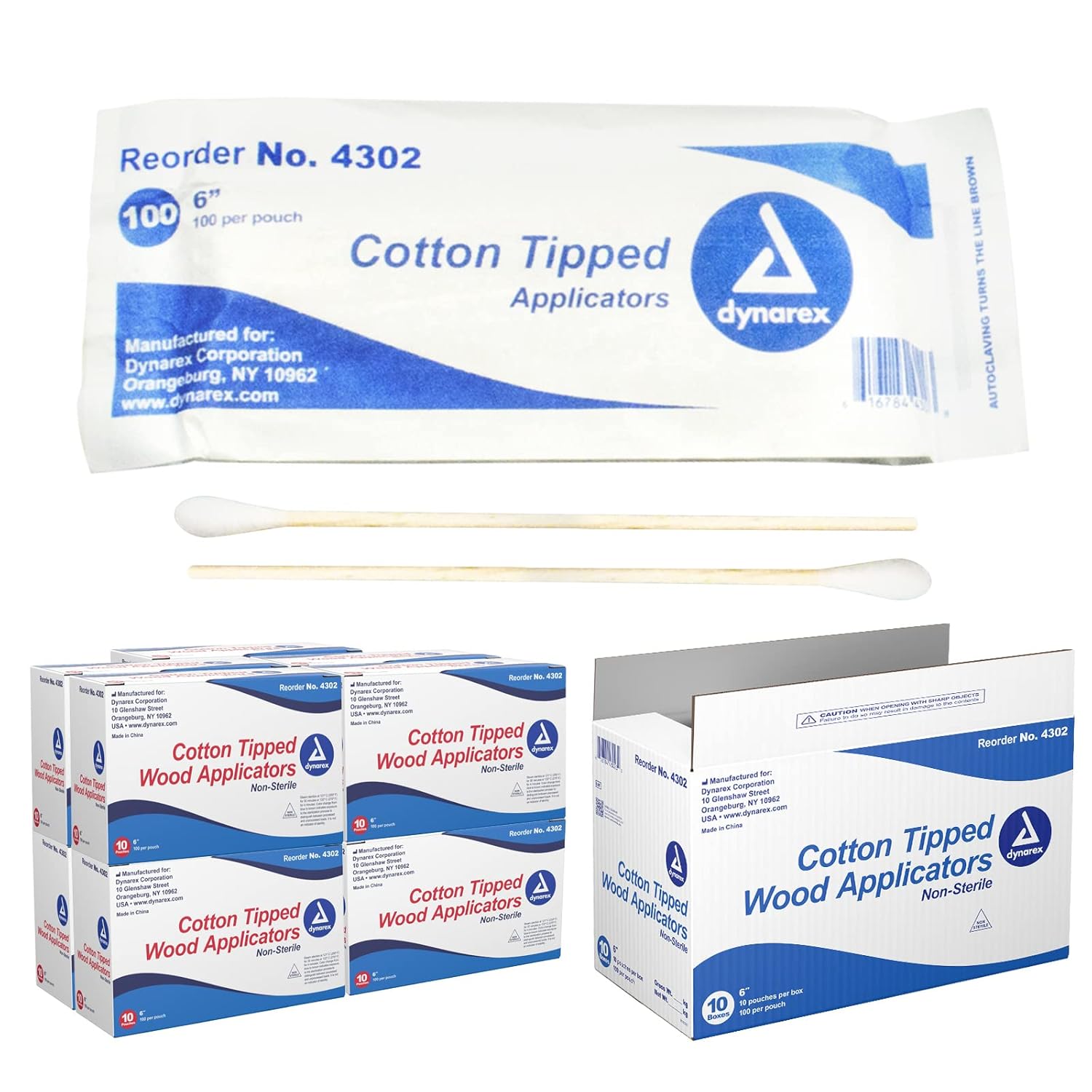 Dynarex 6-Inch Non-Sterile Cotton Tipped Applicators - Single-Use Wooden Cotton Tip Applicators for Wound Care, Dressing, Makeup, Cleaning, Jewelry - 1000 per Box, 10 Boxes (Packaging May Vary)