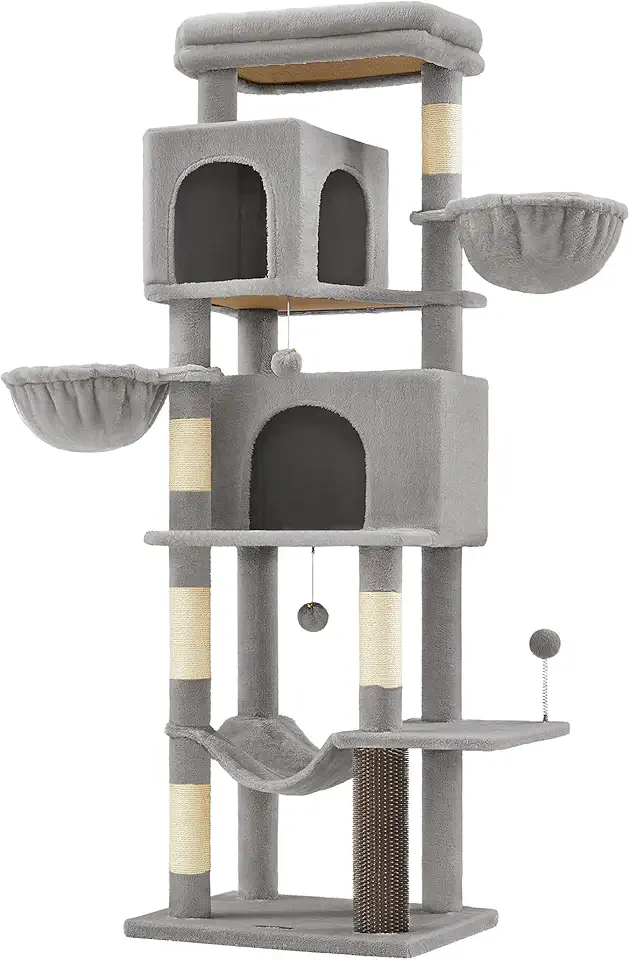 Feandrea Árvore para Gatos Grande, Torre de 174 cm, Condomínio Multi-Níveis com 2 Tocas, 2 Cestos, 5 Postes Arranhadores, Escova de Autoescovação, Poleiro, Rede, Cinza Pomba BRPCT182G01V1