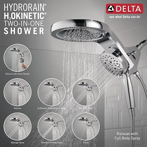 Miniatura 3 de Delta Faucet HydroRain H2Okinetic 58680-PR - Regadera doble de 5 pulverizaciones con rociador de mano y manguera, regaderas de mano, regadera