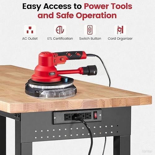 Miniatura 5 de Banco de trabajo con ruedas de 60 x 22 pulgadas, mesa de trabajo de madera de caucho resistente, mesa de trabajo de garaje de altura ajustable con