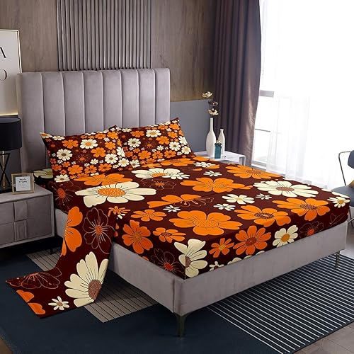 Juego de sábanas bajeras de 4 piezas para niños, diseño de flores Groovy de los años 70, estilo hippie retro (1 bajera, 1 plana, 2 fundas de