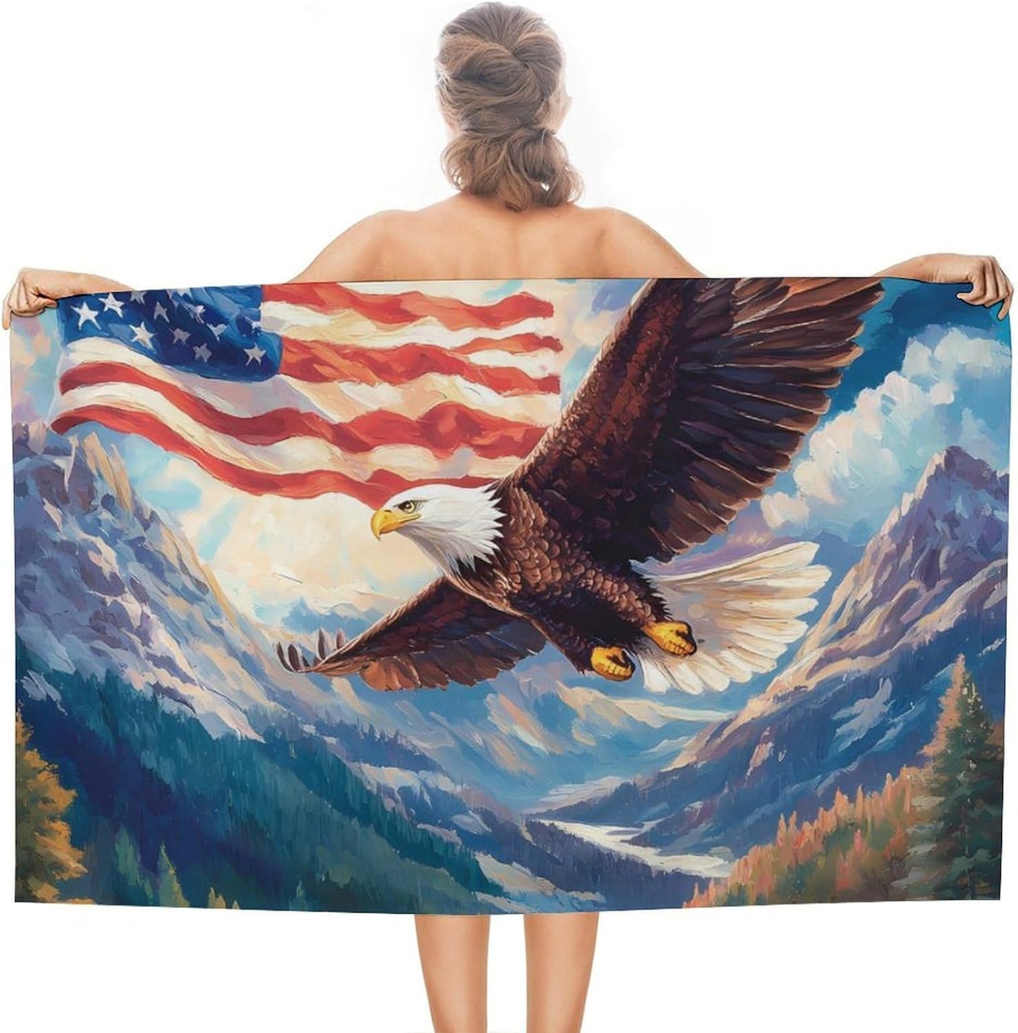 Ea-gles and U.S. Flag Oversized Beach Towel Soft Absorbent Pool Bath Swim Towels for Adults Travel Vacation Gifts 130x80cm