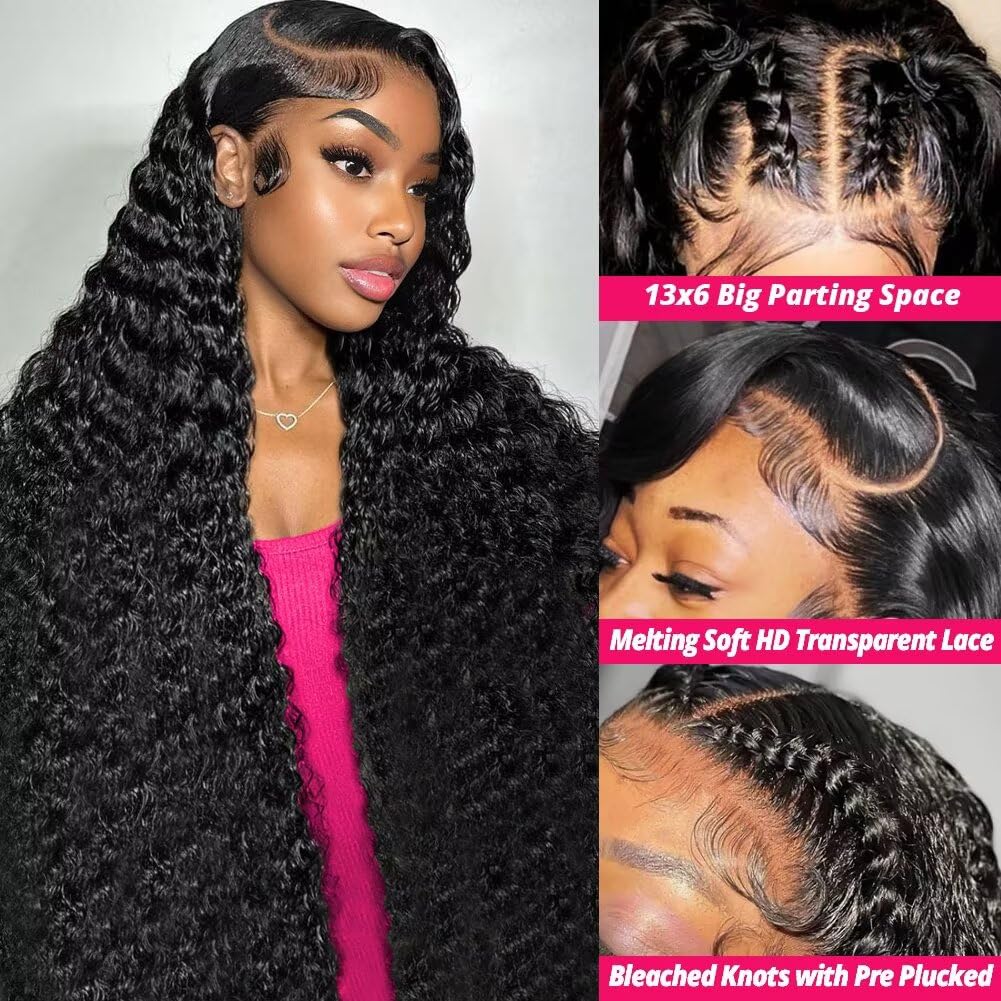 28 Inch 210 Density Deep Wave HD Lace Front Wigs Human Hair 13x6 Glueless Pre Plucked Brazilian Hair for Women Natural Black