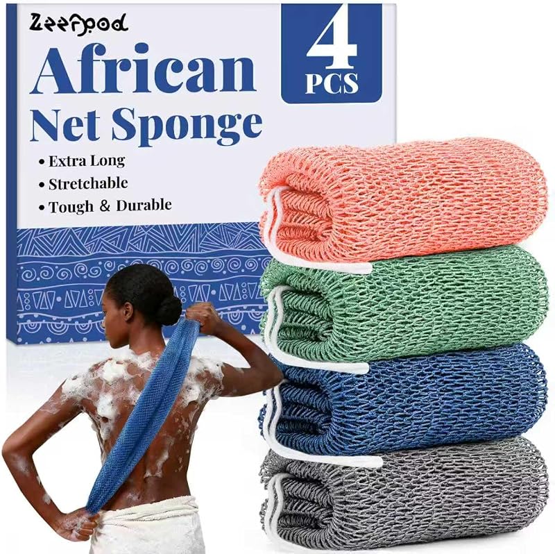 Esponja de banho em rede africana Zeefpod, nylon, 106,68 cm, 4 unidades – Verde, rosa, azul e cinza