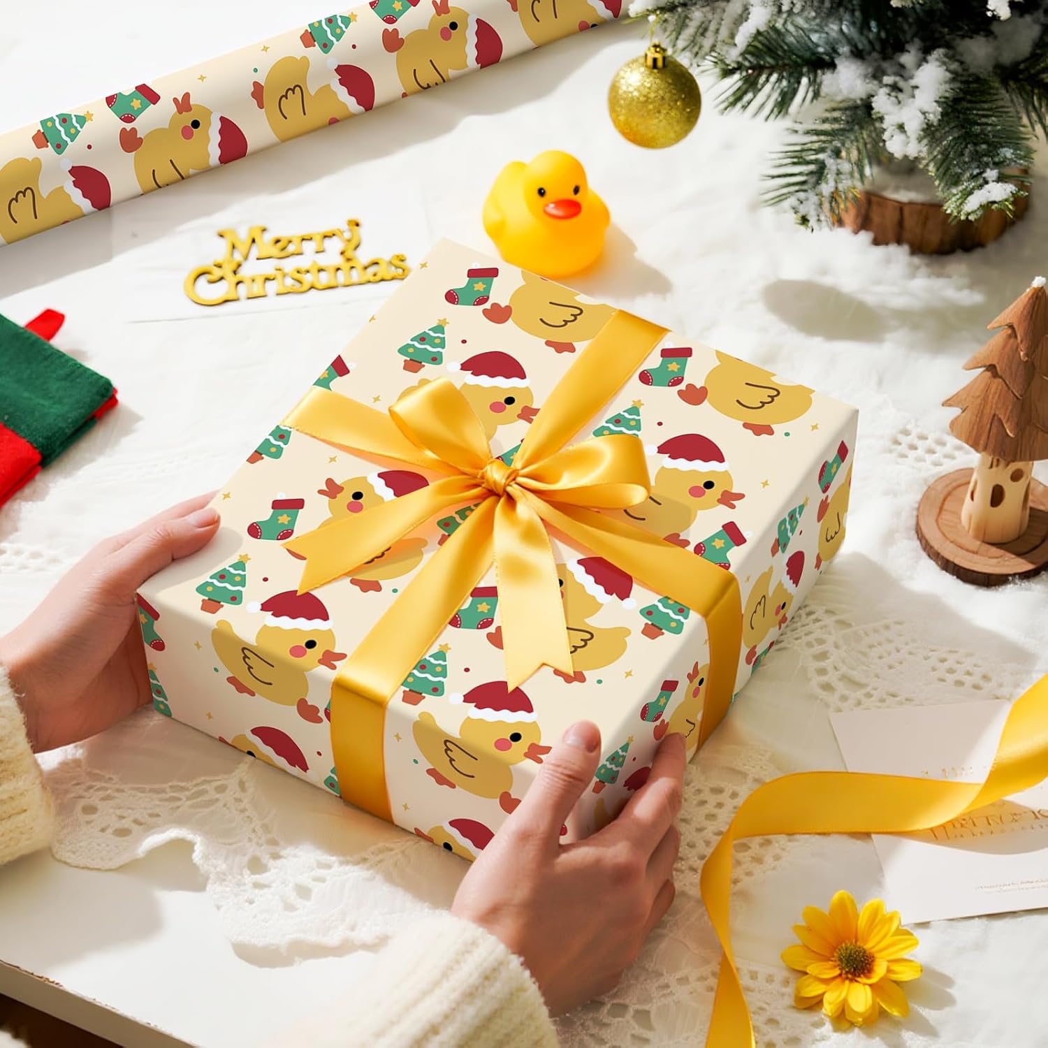 WRAPAHOLIC Duck Christmas Wrapping Paper - Mini Roll - 17 Inch x 16.5 Feet - Cute Duck Wrapping Paper with Christmas trees and Socks Design for Xmas Holiday, Party Celebration image 4