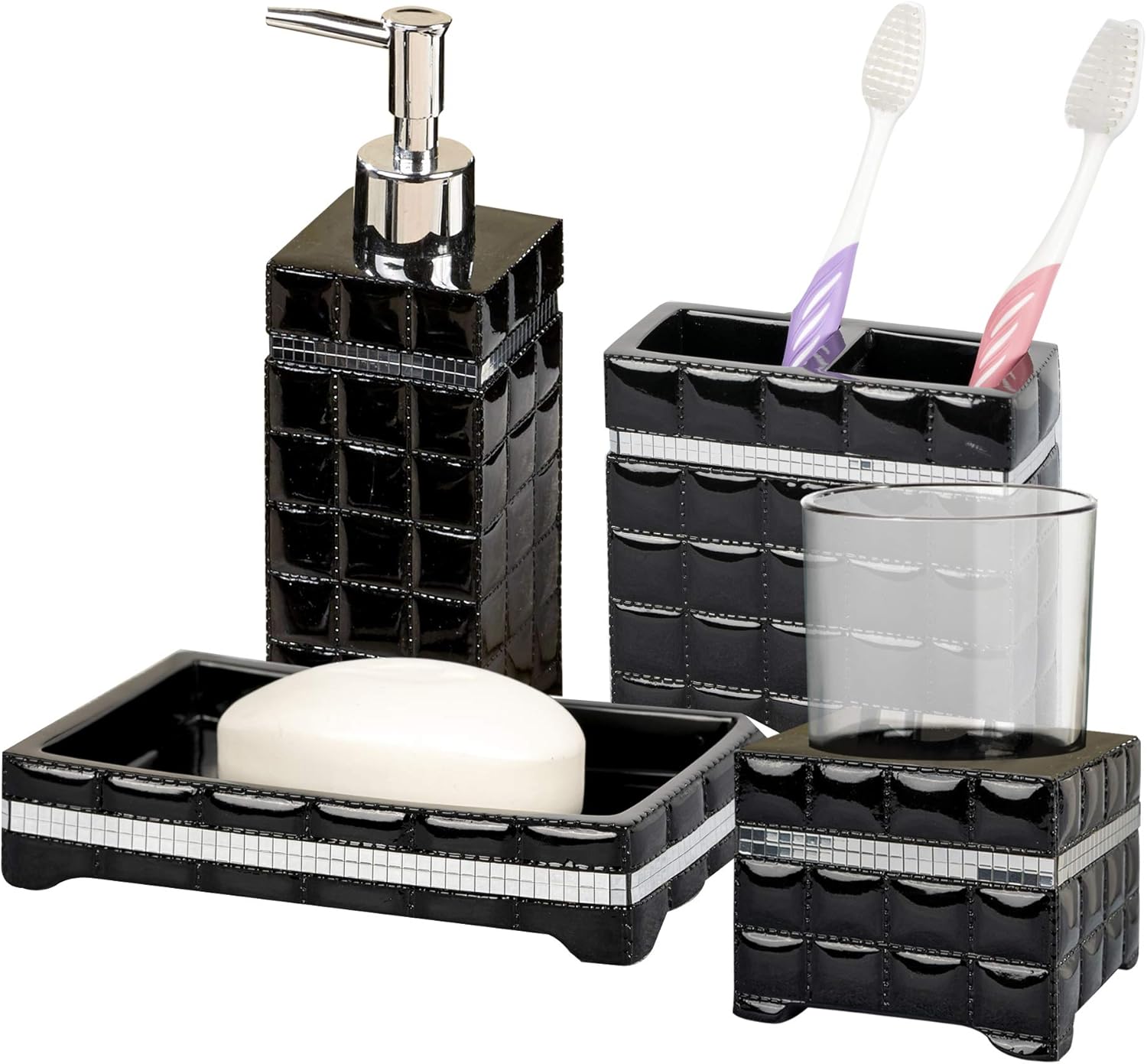 nu steel NuSteel Dish, Toothbrush Holder, Tumbler, soap Pump Giraffe 4pc Set Bath Collection-Black Resin (GB-3456-SET4-VC)