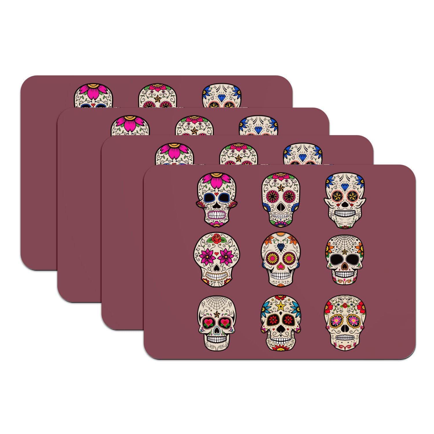 Sets de table crâne mexicain rouge 4 pièces en caoutchouc grand format antidérapant Halloween