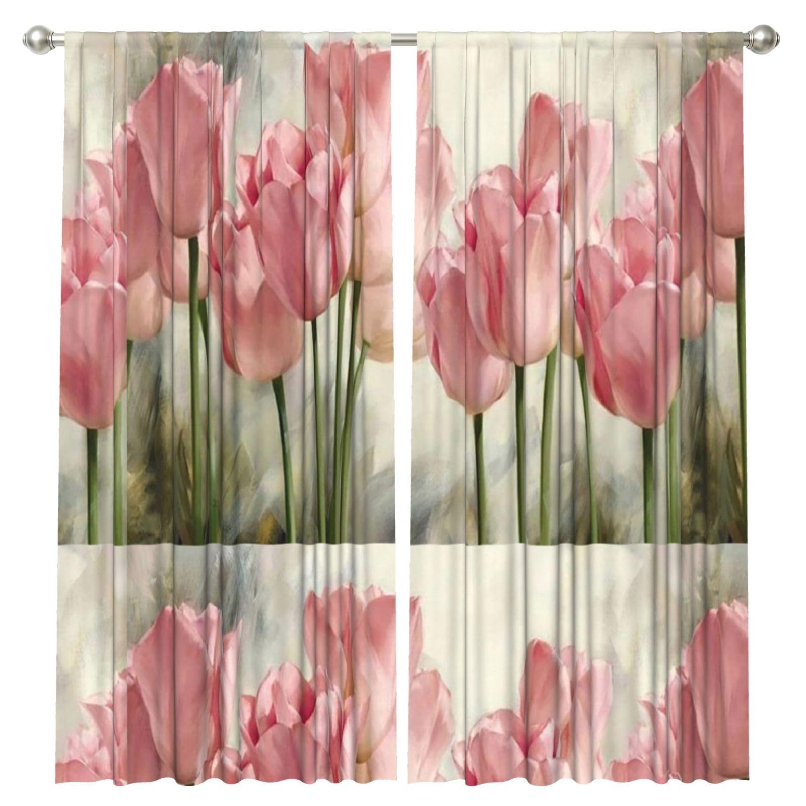 InOmak Pink Tulips Printed, 2 Panels Window Curtains 52 x 84 Inch Blackout Curtains for Living Room Bedroom