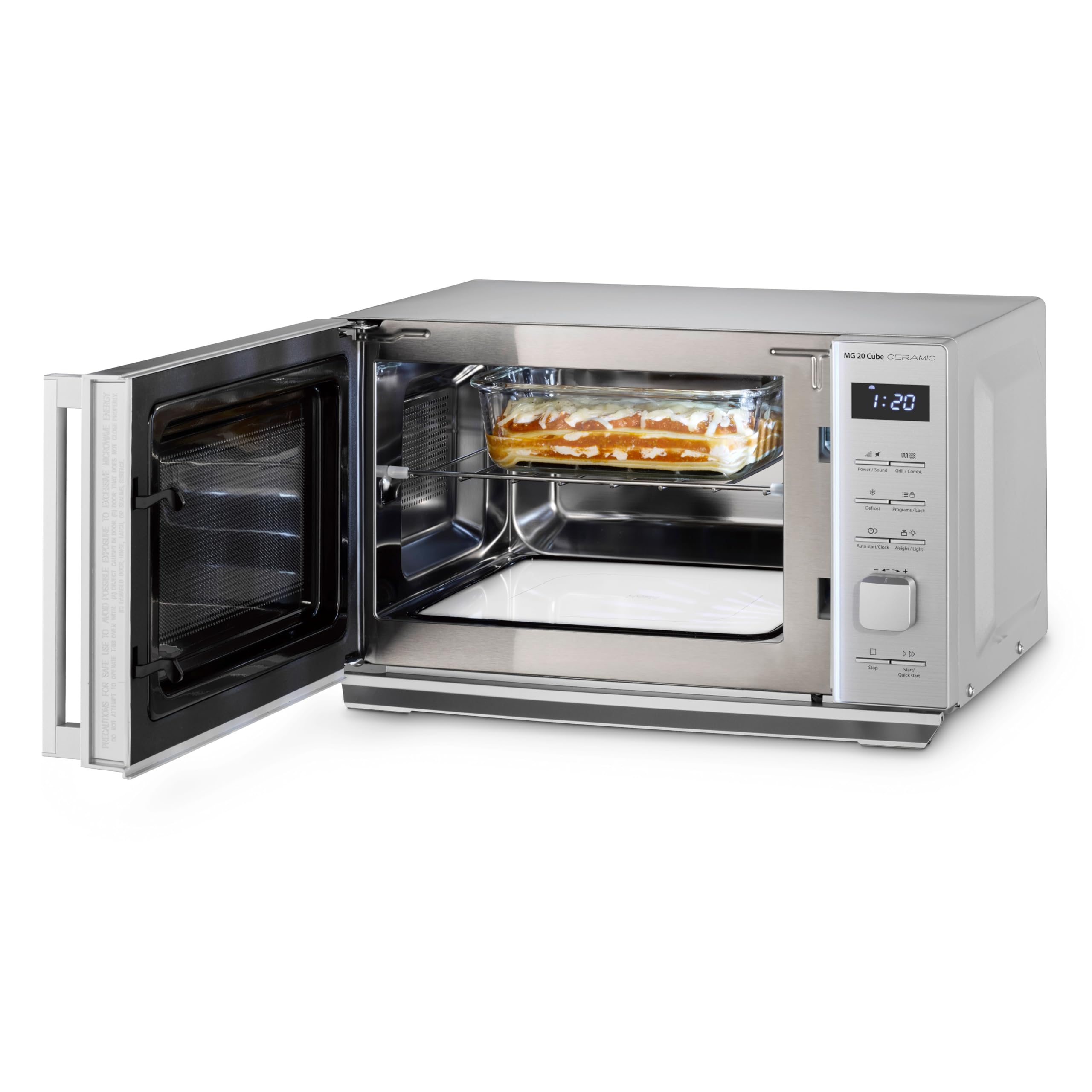 CASO MG 20 Cube Ceramic – Micro-​ondes 2-​en-​1 sans plateau tournant avec gril de 1000 W – Capacité de 20 L – 13 programmes automatiques – avec sécurité enfants – Contrôleur CUBE CASO – argenté